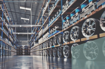 Entrepôt rempli de pièces et de roues automobiles