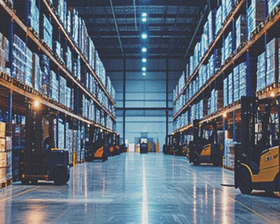 Full distribution centre with forklifts