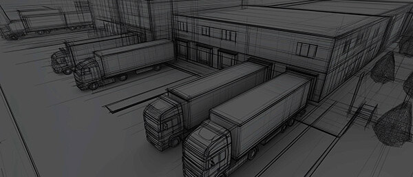 Illustration of a warehouse with trucks